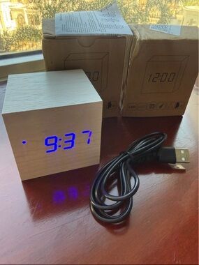 LED Wooden Cube Alarm Clock with Blue Display